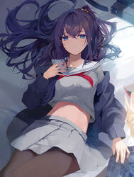  absurdres asahina_mafuyu bag bed_sheet black_pantyhose blue_eyes blush closed_mouth commentary female grey_shirt grey_skirt hand_on_own_chest highres jacket long_hair long_sleeves looking_at_viewer lying midriff miyamasuzaka_girls&#039;_academy_school_uniform navel on_back on_bed one_side_up open_clothes open_jacket pantyhose ponytail project_sekai purple_hair sailor_collar school_uniform serafuku shirt skirt solo tomura2maru white_sailor_collar 