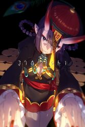  black_dress black_hat braid braided_hair_rings breasts china_dress chinese_clothes cleavage_cutout clothing_cutout dress echo_(circa) eyeliner fate/grand_order fate_(series) female frills hair_rings hat horns jiangshi long_sleeves looking_at_viewer makeup ofuda oni peacock_feathers pointy_ears purple_eyes purple_hair qingdai_guanmao short_hair shuten_douji_(fate) shuten_douji_(festival_outfit)_(fate) skin-covered_horns small_breasts solo talisman twin_braids wide_sleeves 