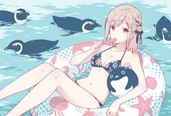  animal bare_arms bare_legs bare_shoulders bikini bird blonde_hair blue_bikini blue_eyes blue_nails blush braid breasts cleavage collarbone commentary earrings female floral_print flower food hair_flower hair_ornament hair_ribbon halterneck hashimoto_sana hiten_(hitenkei) holding holding_food innertube jewelry legs looking_at_viewer marine_day medium_breasts medium_hair nail_polish navel original penguin polka_dot popsicle ribbon shell shell_earrings sitting solo stomach swim_ring swimsuit thighs water 