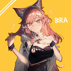  @_@ absurdres animal_ear_fluff animal_ears arknights bad_id bad_pixiv_id black_dress breasts cleavage commentary_request dress earrings female hairband hand_on_own_chest highres huajiaohaibao jacket jewelry large_breasts long_hair official_alternate_costume open_mouth pink_eyes pink_hair pozyomka_(arknights) pozyomka_(snowy_plains_in_words)_(arknights) simple_background solo upper_body white_hairband white_jacket wolf_ears yellow_background 