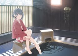  absurdres balcony barefoot bath black_hair blue_eyes checkered_clothes checkered_kimono closed_mouth feet female hair_bun highres holding_leg indoors jacket japanese_clothes kimono looking_at_viewer mizoguchi_keiji official_art ofuro onsen red_jacket red_kimono sakurajima_mai second-party_source seishun_buta_yarou sitting soaking_feet solo stool water white_kimono wooden_floor wooden_wall yukata 