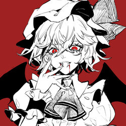  ascot bat_wings blood blood_from_mouth bright_pupils center_frills fangs female fingernails frills hair_between_eyes hand_up hat highres kaoru_(alicemakoto) long_fingernails medium_hair mob_cap monochrome open_mouth puffy_short_sleeves puffy_sleeves red_background red_eyes remilia_scarlet ribbon shirt short_sleeves simple_background slit_pupils smile solo touhou upper_body white_pupils wings wrist_cuffs 