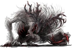  1other absurdres antlers bad_id bad_twitter_id bloodborne cleric_beast grey_fur highres horns kankan33333 monster no_eyes open_mouth ribs sharp_teeth simple_background solo teeth white_background 