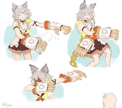  1other absurdres animal_ears armband artist_name breasts cat_ears claw_(weapon) closed_eyes closed_mouth collar dab_(dance) dancing dress erune female fikkyun flossing_(dance) flower fortnite gloom_(expression) granblue_fantasy grey_hair hair_flower hair_ornament highres long_hair multiple_views oerba_yun_fang open_mouth orange_justice_(dance) sen_(granblue_fantasy) sequential shaded_face short_dress sleeveless sleeveless_dress small_breasts smile speed_lines weapon 