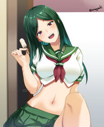  aona_(anagasaki) breasts crop_top crop_top_overhang female food green_hair green_sailor_collar green_skirt highres holding holding_food holding_popsicle indoors legs long_hair looking_at_viewer lv1_maou_to_one_room_yuusha maou_(lv1_maou_to_one_room_yuusha) midriff navel open_mouth parted_bangs popsicle red_eyes sailor_collar school_uniform serafuku short_sleeves skirt smile solo teeth twitter_username upper_teeth_only 