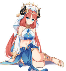  absurdres bare_shoulders blue_eyes blue_nails blue_skirt blush brooch circlet commentary crop_top czk detached_sleeves fake_horns female flip-flops genshin_impact highres horns jewelry long_hair long_sleeves looking_at_viewer midriff nail_polish navel nilou_(genshin_impact) red_hair sandals simple_background sitting skirt sleeveless smile solo stomach thighlet toenail_polish toenails veil very_long_hair white_background white_headwear white_veil yokozuwari 