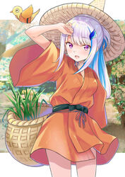  :d absurdres arm_up basket bird blue_hair blush breasts commentary_request cosplay cowboy_shot female grass hair_ornament hairclip highres ichimegasa japanese_clothes kimono lize_helesta long_hair medium_breasts multicolored_hair nijisanji open_mouth orange_kimono outdoors purple_eyes red_ribbon rgrey00 ribbon rice_planting sakuna-hime sakuna-hime_(cosplay) short_sleeves smile solo tensui_no_sakuna-hime two-tone_hair virtual_youtuber wide_sleeves 