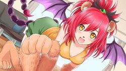  animal_ear_fluff animal_ears animal_feet animal_hands artist_request bare_shoulders breasts claws cleavage female green_shorts hair_between_eyes indoors manticore_girl medium_breasts medium_hair memeko_(monster_musume) monster_girl monster_musume_no_iru_nichijou monster_musume_no_iru_nichijou_online oerba_yun_fang official_art open_mouth red_hair scorpion_tail shorts slit_pupils solo tail tank_top yellow_eyes yellow_tank_top 