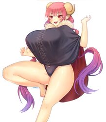  :d arm_up artist_name barefoot black_cape black_one-piece_swimsuit breasts cape claw_pose commentary dragon_girl dragon_horns drill_hair female foot_out_of_frame fur_trim highres horns huge_breasts ilulu_(maidragon) kobayashi-san_chi_no_maidragon leg_up long_hair looking_at_viewer one-piece_swimsuit open_mouth pink_eyes pink_hair pointy_ears raoul_(raoul77) simple_background smile solo swimsuit swimsuit_under_clothes twin_drills very_long_hair white_background 