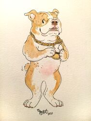  2020 3:4 ambiguous_gender belly_blush biped blush body_blush bulldog canid canine canis clock domestic_dog feral mammal mastiff matuska molosser painting_(artwork) solo traditional_media_(artwork) watercolor_(artwork) 