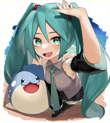  :d arm_up black_footwear black_skirt blush boots collared_shirt commentary crossover detached_sleeves female from_above green_eyes green_hair green_necktie grey_shirt hatsune_miku highres long_hair looking_at_viewer looking_up necktie open_mouth perspective pleated_skirt pokemon pokemon_(creature) reirou_(chokoonnpu) shiny_skin shirt skirt sleeveless sleeveless_shirt smile spheal standing symbol-only_commentary thigh_boots thighhighs tongue twintails very_long_hair vocaloid 