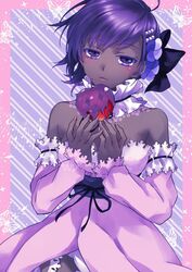  apple beads breasts butterfly_background colored_skin commentary_request dark-skinned_female dark_skin detached_collar detached_sleeves diagonal_stripes diamond_(shape) dress fate/grand_order fate/prototype fate/prototype:_fragments_of_blue_and_silver fate_(series) female food fruit grey_skin hair_beads hair_ornament hassan_of_serenity_(fate) hassan_of_serenity_(lostroom_outfit)_(fate) lo_lis medium_breasts medium_hair official_alternate_costume pink_dress pink_sleeves poison_(final_fight) poison_apple purple_eyes purple_hair red_apple ribbon-trimmed_sleeves ribbon_trim smile smiley_face solo strapless strapless_dress striped very_dark_skin 