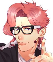  1boy bespectacled earrings gakuran glasses highres index_finger_raised jewelry jojo_no_kimyou_na_bouken kakyoin_noriaki lips male_focus purple_eyes red_hair samuraisamurai school_uniform smile smirk solo stardust_crusaders 