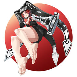  bare_legs barefoot breasts center_opening cleavage cleavage_cutout clothing_cutout eiji_(eiji) english_text feet female foot_focus foreshortening guilty_gear guilty_gear_2 hair_between_eyes hat headpiece highres large_breasts looking_at_viewer red_eyes red_hair red_ribbon ribbon short_hair simple_background skirt soles solo thighs toes valentine_(guilty_gear) white_background 