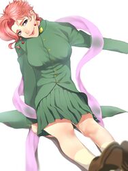  earrings female genderswap_(mtf) hagoromo highres jewelry jojo_no_kimyou_na_bouken kakyoin_noriaki pink_scarf pleated_skirt purple_eyes red_hair rule_63 samuraisamurai scarf school_uniform shawl skirt smile solo stardust_crusaders stole 