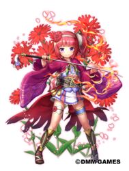  blunt_bangs boots brown_footwear closed_mouth commentary female fire flower flower_knight_girl full_body hair_flower hair_ornament hairband holding holding_sword holding_weapon japanese_clothes katana knee_boots legs_apart long_sleeves looking_at_viewer lychnis_(flower_knight_girl) nakaishow name_connection obi object_namesake official_art purple_eyes red_hair sash short_hair side_ponytail sidelocks smile solo standing sword tachi-e tassel thighlet weapon white_hairband wide_sleeves 