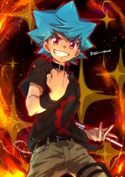  1boy black_shirt blue_hair cargo_pants casual chains choker clenched_hand duel_disk fire forked_eyebrows grin kamijou_tatsuhisa male_focus ochi_marco pants red_eyes shirt smile solo spiked_hair t-shirt twitter_username yu-gi-oh! yu-gi-oh!_sevens 