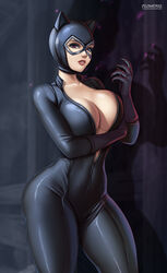  artist_name ass black_bodysuit bodysuit breast_hold breasts cat_mask catwoman claws cleavage collarbone covered_navel cowboy_shot dc_comics english_commentary eyebrows female flowerxl hand_up large_breasts legs_apart looking_at_viewer mask open_bodysuit open_clothes open_mouth red_eyes red_lips selina_kyle shadow shiny_clothes solo standing teeth thick_thighs thighs 