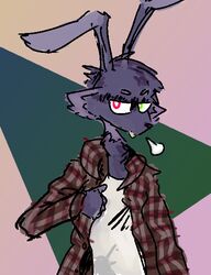  ambiguous_gender cheek_tuft clothed clothing facial_tuft flannel fur gallil half-closed_eyes hare heterochromia lagomorph leporid looking_at_viewer mammal multicolored_body multicolored_fur narrowed_eyes portrait purple_body purple_fur saylem_armond sigh simple_background solo tuft two_tone_body two_tone_fur 