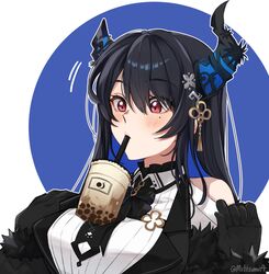  absurdres asymmetrical_horns balancing bare_shoulders black_hair blue_hair breasts bubble_tea bubble_tea_challenge clothing_cutout colored_inner_hair cup demon_horns disposable_cup drink drinking drinking_straw drinking_straw_in_mouth female fur_trim hair_ornament highres hololive hololive_english horns large_breasts long_hair meme mittsu mole mole_under_eye multicolored_hair nerissa_ravencroft nerissa_ravencroft_(1st_costume) object_on_breast red_eyes shoulder_cutout two-tone_hair uneven_horns upper_body virtual_youtuber 