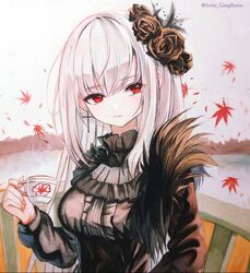  autumn_leaves bad_id bad_pixiv_id bench cross cross_earrings cup day earrings female flower gangbyeon gothic_lolita hair_flower hair_ornament jewelry lolita_fashion long_hair long_sleeves looking_at_viewer original outdoors red_eyes sitting teacup twitter_username upper_body white_hair 