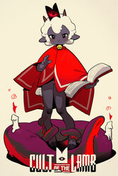  absurdres bell black_skin blush book candle colored_skin copyright_name crown cult_of_the_lamb ejami female full_body furry furry_female goat_horns highres horns looking_at_viewer neck_bell open_book red_crown_(cult_of_the_lamb) red_eyes red_robe robe smile solo standing tentacle the_lamb_(cult_of_the_lamb) 