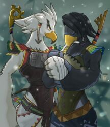  anthro armor avian bandage bird black_body bow_(weapon) braided_pseudo_hair breath_of_the_wild duo feathers harth_(tloz) male male/male nintendo pseudo_hair ranged_weapon rito sheep_riritoto snow teba_(tloz) the_legend_of_zelda weapon white_body white_feathers yellow_eyes 