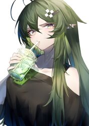  alternate_costume antenna_hair arknights bare_shoulders black_shirt breasts commentary cup disposable_cup drinking drinking_straw female gavial_(arknights) green_hair hair_between_eyes hair_ornament hairclip highres holding holding_cup long_hair looking_at_viewer medium_breasts ozeu0916 pointy_ears shirt sidelocks solo upper_body yellow_eyes 