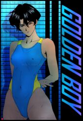  arms_behind_back black_hair breasts chris_re5 competition_swimsuit copyright_name covered_navel covered_nipples dark-skinned_female dark_skin eyeshadow female golden_boy hair_between_eyes hayami_ayuko looking_at_viewer makeup medium_breasts one-piece_swimsuit parted_lips retro_artstyle short_hair smile solo swimsuit 