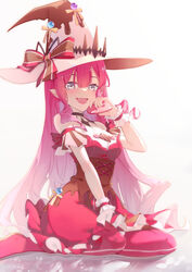  :d baobhan_sith_(fate) baobhan_sith_(valentine_witches)_(fate) boots bow corset fate/grand_order fate_(series) female food-themed_clothes full_body grey_eyes hat hat_bow heart highres kneeling ling_huanxiang long_hair looking_at_viewer multicolored_bow oerba_yun_fang open_mouth pink_hair pink_hat red_footwear red_skirt simple_background skirt smile solo striped striped_bow thigh_boots thighhighs white_background witch_hat wrist_cuffs 