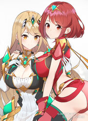  2girls artist_name ass bare_shoulders black_gloves blonde_hair blush bob_cut breasts chest_jewel circlet cleavage_cutout closed_mouth clothing_cutout commission covered_navel dangle_earrings detached_sleeves earrings english_text gloves hand_on_another&#039;s_back hand_on_another&#039;s_shoulder hand_on_own_chest hand_up headpiece high_collar highres jewelry large_breasts long_hair long_sleeves looking_at_viewer miniskirt multiple_girls mythra_(xenoblade) no_pupils pyra_(xenoblade) red_eyes red_hair red_shorts sakotach short_hair short_shorts shorts simple_background skin_tight skirt smile swept_bangs tiara xenoblade_chronicles_(series) xenoblade_chronicles_2 yellow_eyes 