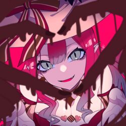  absurdres baobhan_sith_(fate) baobhan_sith_(valentine_witches)_(fate) chocolate close-up fate/grand_order fate_(series) female grey_eyes hat heart heart_hands highres kubomi_943 long_hair looking_at_viewer pink_background pink_hat pointy_ears red_hair simple_background slit_pupils smile solo upper_body valentine witch_hat 