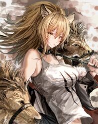  absurdres animal_ears arknights bare_shoulders black_jacket blonde_hair blush breasts candy cleavage closed_mouth collar commentary donata_(donatasama) female food highres holding holding_weapon jacket large_breasts lion lion_ears lollipop long_hair long_sleeves looking_at_viewer mouth_hold off_shoulder open_clothes open_jacket ponytail shirt siege_(arknights) solo tank_top upper_body weapon white_shirt yellow_eyes 