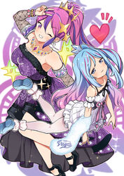  2girls absurdres bare_shoulders blue_eyes blue_hair blush bracelet breasts commentary_request detached_sleeves dress duel_monster earrings hair_ornament heart highres jewelry kounosu_satori large_breasts long_hair multiple_girls necklace one_eye_closed ponytail purple_eyes purple_hair rilliona_(yu-gi-oh!) ring side_ponytail small_breasts smug thighhighs witchcrafter_edel witchcrafter_madame_verre yu-gi-oh! 