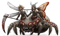  2girls :d absurdres arachne arthropod_girl black_gloves blindfold blood blood_from_eyes blood_on_weapon bound_together bug centauroid conjoined crazy_smile cross extra_arms extra_pupils full_body gloves highres holding holding_hands holding_scythe holding_sword holding_weapon horror_(theme) insect_wings kankan33333 latin_cross leucochloridium_paradoxum linked_collar monster monster_girl moth moth_antennae moth_wings multiple_girls open_mouth original rope scythe simple_background smile spider_girl stitches sword taur weapon white_background wings 