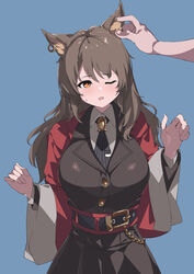  1other :3 absurdres animal_ear_fluff animal_ears arknights belt belt_buckle black_jacket black_necktie black_skirt blue_background blush brown_hair buckle cat_ears collared_shirt commentary cowboy_shot female hand_on_another&#039;s_ear highres jacket long_hair long_sleeves necktie one_eye_closed open_clothes open_jacket open_mouth orange_eyes red_jacket sajimaririri shirt simple_background skirt skyfire_(arknights) solo_focus striped_clothes vertical-striped_clothes vertical-striped_necktie w_arms white_shirt wide_sleeves 