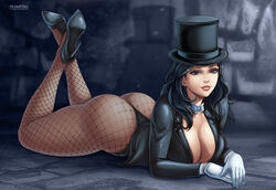  ass black_eyes black_footwear black_hair black_jacket black_leotard bow bowtie breasts cleavage collarbone commentary crossed_legs dc_comics english_commentary eyebrows female fishnet_pantyhose fishnets flowerxl gloves hat high_heels highleg highleg_leotard jacket large_breasts leotard lying magician on_stomach open_mouth own_hands_together pantyhose parted_lips red_lips shadow solo teeth thighs top_hat western_comics_(style) white_bow white_bowtie white_gloves zatanna_zatara 