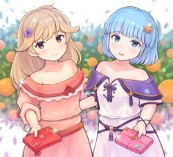  2girls alternate_costume alternate_hairstyle bare_shoulders blue_eyes blue_hair blush bow box box_of_chocolates breasts brown_eyes brown_hair chocolate cleavage collarbone faye_(fire_emblem) faye_(valentine)_(fire_emblem) fire_emblem fire_emblem_echoes:_shadows_of_valentia fire_emblem_heroes flower food fruit gift gift_box hair_flower hair_ornament highres holding holding_box holding_gift incoming_gift kutabireta_neko long_hair looking_at_viewer multiple_girls off_shoulder official_alternate_costume open_mouth orange_(fruit) plant ribbon short_hair short_sleeves silque_(fire_emblem) silque_(valentine)_(fire_emblem) smile valentine 