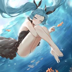  air_bubble bare_legs bare_shoulders barefoot black_dress blue_eyes blue_hair blue_nails blush bow bubble chinese_commentary commentary coral dress feet female fish hairbow hatsune_miku highres legs_together light_rays long_hair looking_at_viewer nail_polish ocean oshin0_(zheng) shinkai_shoujo_(vocaloid) smile thighs toenail_polish toenails toes twintails underwater vocaloid 