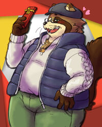  2022 4:5 absurd_res anthro belly black_nose blush bottomwear brown_body brown_fur canid canine clothing eyewear fur gift glasses hat headgear headwear hi_res holidays humanoid_hands kemono male mammal overweight overweight_male pants raccoon_dog sakusan_kc shirt solo tanuki tenugui topwear valentine&#039;s_day 