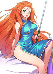  :d arm_support baton_(weapon) bodycon breasts china_dress chinese_clothes commentary_request covered_navel dress earrings expandable_baton female ghost_sweeper_mikami green_eyes highleg highres jewelry long_hair looking_at_viewer matsuda_(matsukichi) medium_breasts mikami_reiko orange_hair sitting smile solo teeth upper_teeth_only weapon 