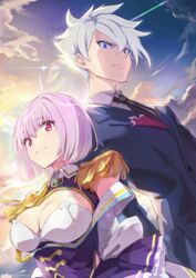  1boy anti_(ssss.gridman) black_necktie blue_eyes blue_jacket breasts cleavage closed_mouth cloud cloudy_sky collared_shirt commentary_request epaulettes female frilled_skirt frills grey_hair gridman_universe hair_between_eyes heterochromia highres jacket looking_at_viewer loup medium_breasts necktie outdoors pink_hair purple_shirt purple_skirt red_eyes shinjou_akane_(new_order) shirt skirt sky smile ssss.dynazenon sunset white_shirt 