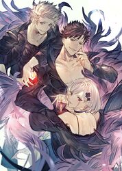  2boys absurdres alter_ego_malevolent_(granblue_fantasy) apple apple_core belial_(granblue_fantasy) black_hair black_jacket black_pants black_shirt camisole choker closed_mouth dated djeeta_(granblue_fantasy) feather_boa female food fruit gran_(granblue_fantasy) granblue_fantasy grey_hair hair_ornament highres holding holding_food jacket long_sleeves looking_at_viewer mayutsuba_mono multiple_boys open_clothes open_jacket open_mouth pants red_eyes shirt short_hair smile standing tongue tongue_out very_short_hair x_hair_ornament 