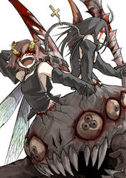  2girls :d arachne arthropod_girl black_hair blindfold blood bound_together commentary conjoined cross grey_hair holding holding_hands holding_scythe holding_sword holding_weapon insect_wings kankan33333 latin_cross leucochloridium_paradoxum linked_collar monster_girl moth_antennae multiple_girls open_mouth original parted_lips scythe simple_background smile spider_girl stitches sword symbol-only_commentary taur weapon white_background wings 