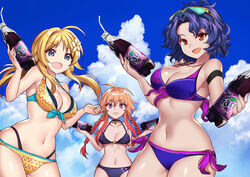  3girls ahoge antenna_hair arm_strap bare_shoulders bikini black_bikini blonde_hair blue_bikini blue_eyes blue_hair blue_sky blush braid breasts choker cleavage collarbone commentary drinking_straw eyewear_on_head fanta flower hachimiya_meguru hair_between_eyes hair_flower hair_ornament idolmaster idolmaster_cinderella_girls idolmaster_million_live! idolmaster_shiny_colors kaorihero large_breasts layered_bikini long_hair looking_at_viewer low_twintails medium_breasts multi-strapped_bikini multicolored_hair multiple_girls navel ninomiya_asuka open_mouth orange_eyes orange_hair parted_bangs purple_eyes red_hair short_hair sidelocks sky smile soda_bottle sports_sunglasses sunglasses swimsuit toyokawa_fuka twin_braids twintails two-tone_hair wavy_hair yellow_bikini 