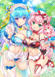  2girls :d absurdres angelic_link animal_ear_fluff animal_ears asymmetrical_docking asymmetrical_legwear bare_shoulders beelzebub_(angelic_link) bikini black_bikini blue_bikini blue_hair blue_sky blue_theme breast_press breasts cat_ears cat_girl cat_tail cherry cherry_(fruits_fulcute!) cleavage closed_mouth cloud commentary_request day double_bun food fruit fruits_fulcute! green_eyes hair_bun highres hinata_momo holding holding_tray large_breasts layered_bikini long_hair looking_at_viewer maid_headdress medium_breasts mismatched_legwear multiple_girls oerba_yun_fang outdoors palm_tree parfait pink_hair purple_eyes red_bikini single_thighhigh sky smile standing standing_on_one_leg striped_clothes striped_thighhighs swimsuit tail thighhighs tray tree vertical-striped_clothes vertical-striped_thighhighs very_long_hair water white_thighhighs 