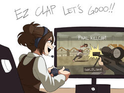  brown_hair controller decapitation disembodied_head english_text eren_yeager female gabi_braun game_console game_controller headset highres holding holding_controller holding_game_controller parody playing_games ponytail shingeki_no_kyojin solo television tina_fate xbox_series_x 