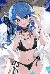  :d alternate_costume ass_visible_through_thighs bare_shoulders bikini black_bikini black_ribbon blue_eyes blue_hair blue_nails blue_sky blush breasts brown_hat cloud commentary_request day female flower flower_bracelet groin hair_between_eyes hair_ribbon hand_up hat hololive hoshimachi_suisei long_hair nail_polish navel outdoors ribbon shadowsinking side-tie_bikini_bottom side_ponytail sky small_breasts smile solo star_(symbol) star_in_eye straw_hat sun_hat swimsuit symbol_in_eye virtual_youtuber white_flower 