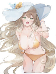  :o absurdres arm_up bare_shoulders bbul_horn bikini blue_archive blush breasts cleavage collarbone cowboy_shot female flower green_eyes hair_flower hair_ornament halo halterneck hat hat_flower highres large_breasts light_brown_hair long_hair looking_at_viewer navel nonomi_(blue_archive) nonomi_(swimsuit)_(blue_archive) official_alternate_costume open_mouth side-tie_bikini_bottom simple_background smile solo standing string_bikini sun_hat swimsuit white_background white_hat yellow_bikini 