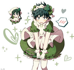  1boy alternate_costume amulet_clover amulet_clover_(cosplay) apron asui_tsuyu blush boku_no_hero_academia chibi coi_mha commentary cosplay crossdressing dress female freckles gloves green_dress green_hair guardian_chara heart highres humpty_lock_(shugo_chara!) jewelry looking_at_viewer maid_headdress midoriya_izuku necklace open_mouth puffy_short_sleeves puffy_sleeves short_dress short_hair short_sleeves shugo_chara! simple_background sparkle sparkle_background spoken_blush suu_(shugo_chara!) suu_(shugo_chara!)_(cosplay) tearing_up thighhighs white_apron white_background white_gloves white_legwear 